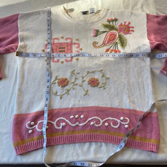 Vtg 80s 90s Pink White Floral Embroidered Knit Pullover Sz L Cottagecore - Picture 7 of 7